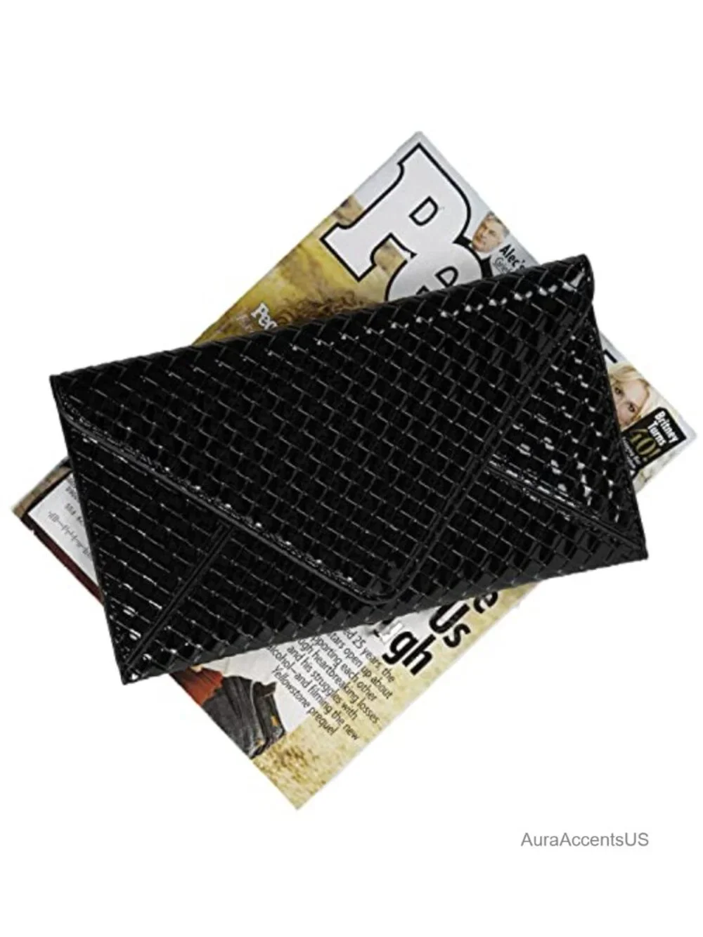 Faux Patent Leather Glossy Envelope Clutch with Detachable Chain Strap